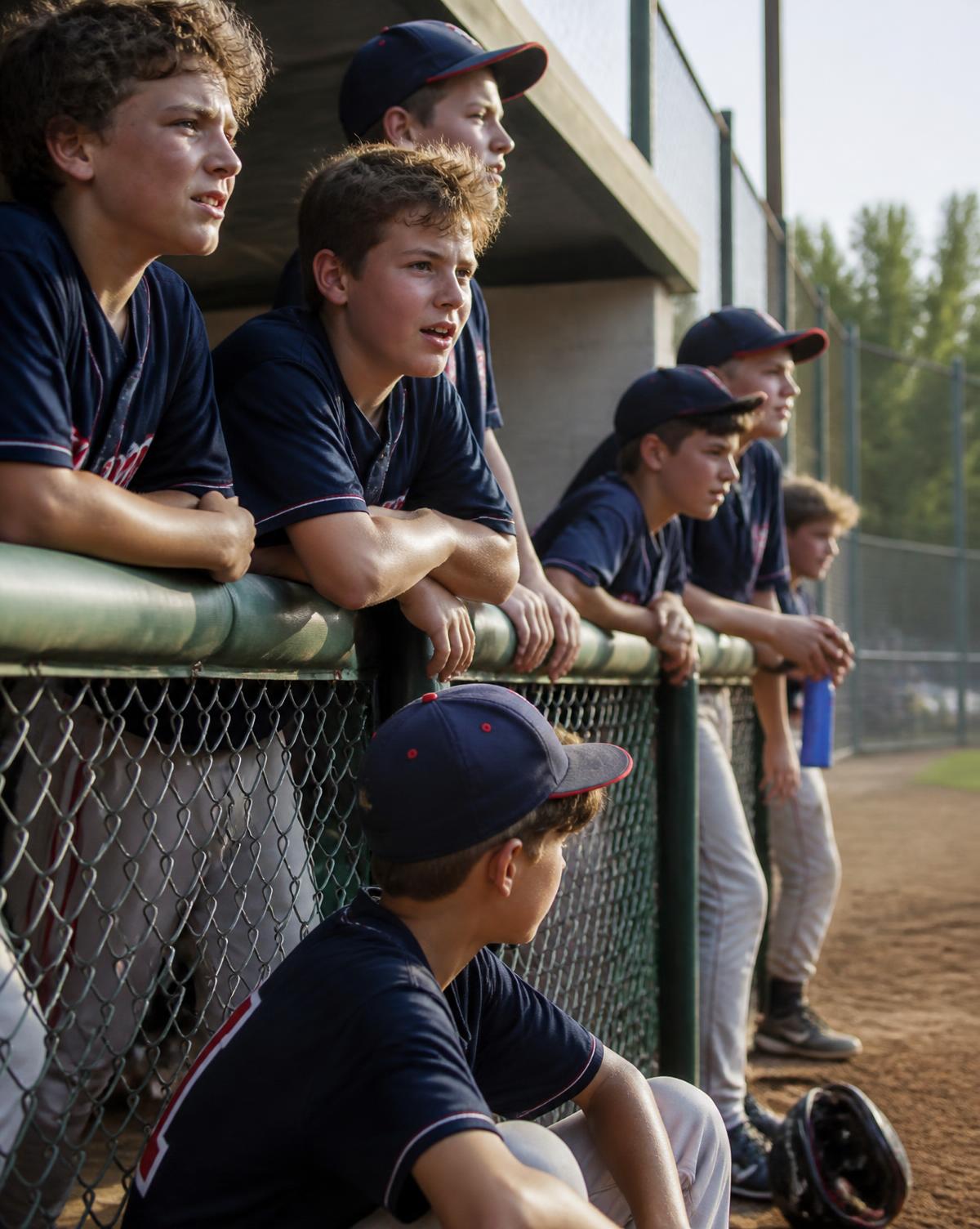 Youth baseball team gathered at the dugout fence