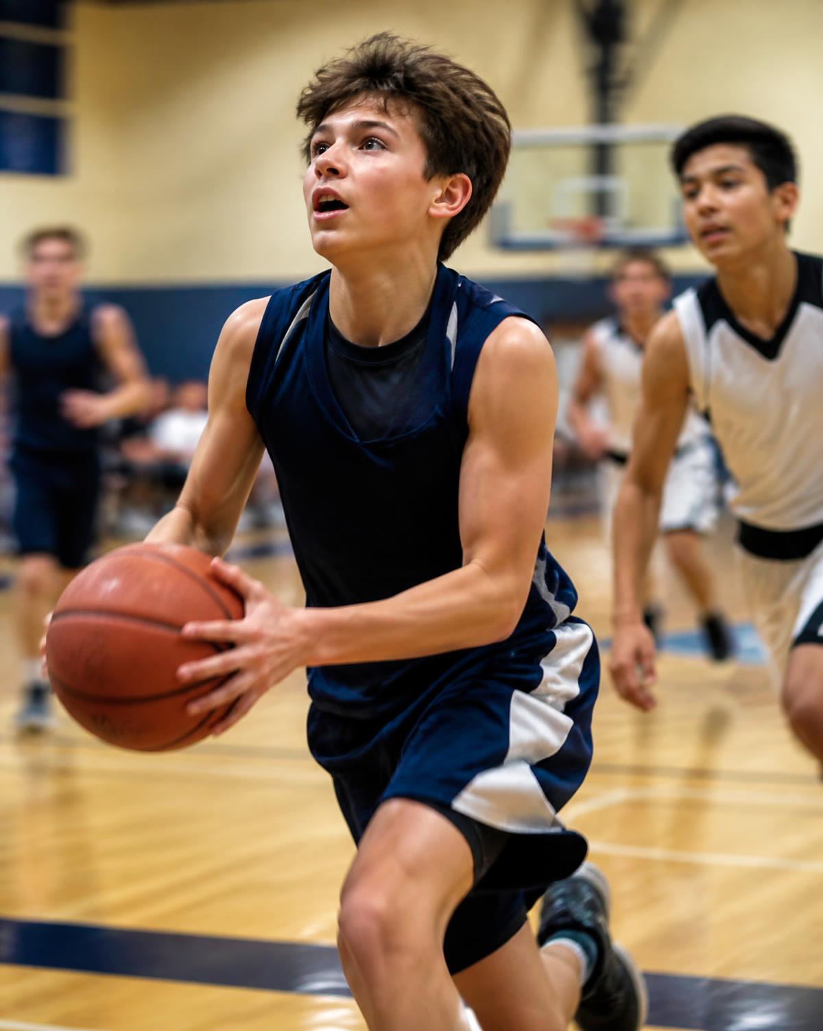 Youth basketball player driving to the hoop