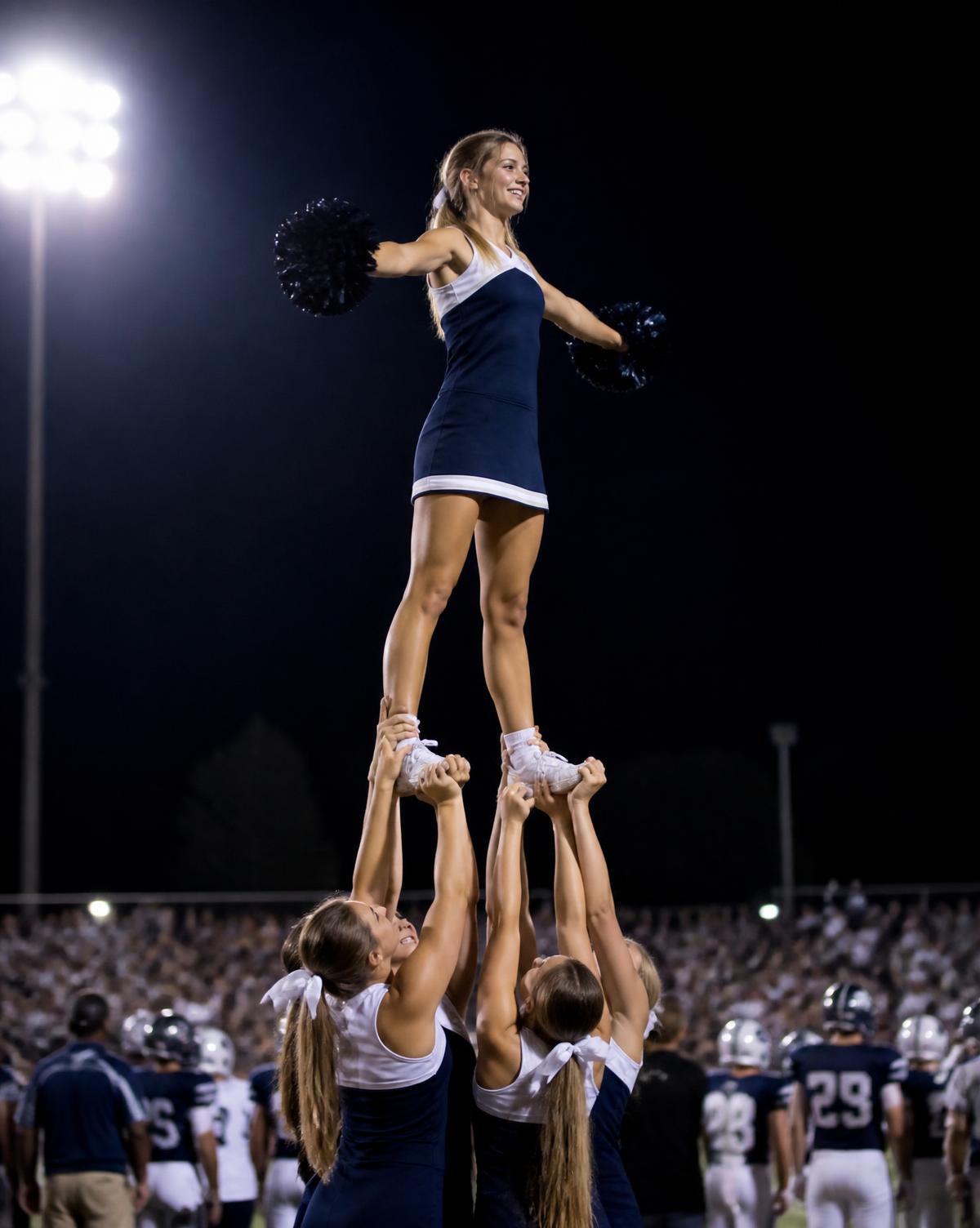 Cheer squad performing a stunt on the sideline
