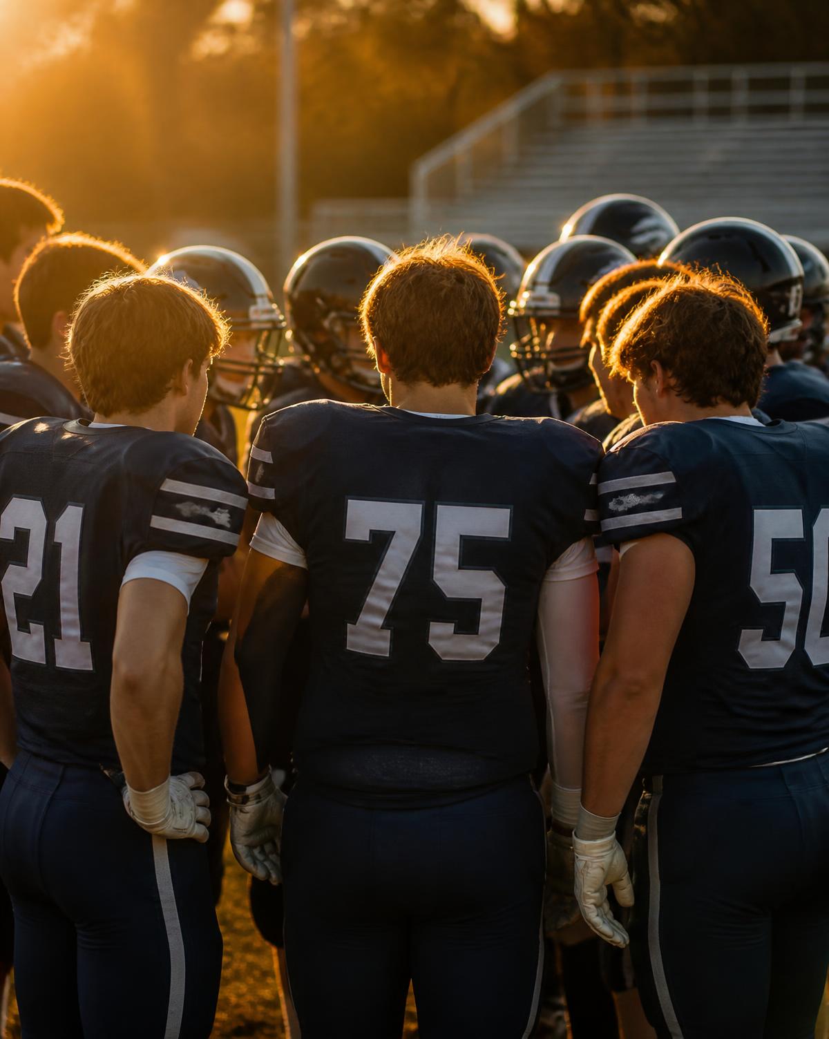High school football team huddled together on the field