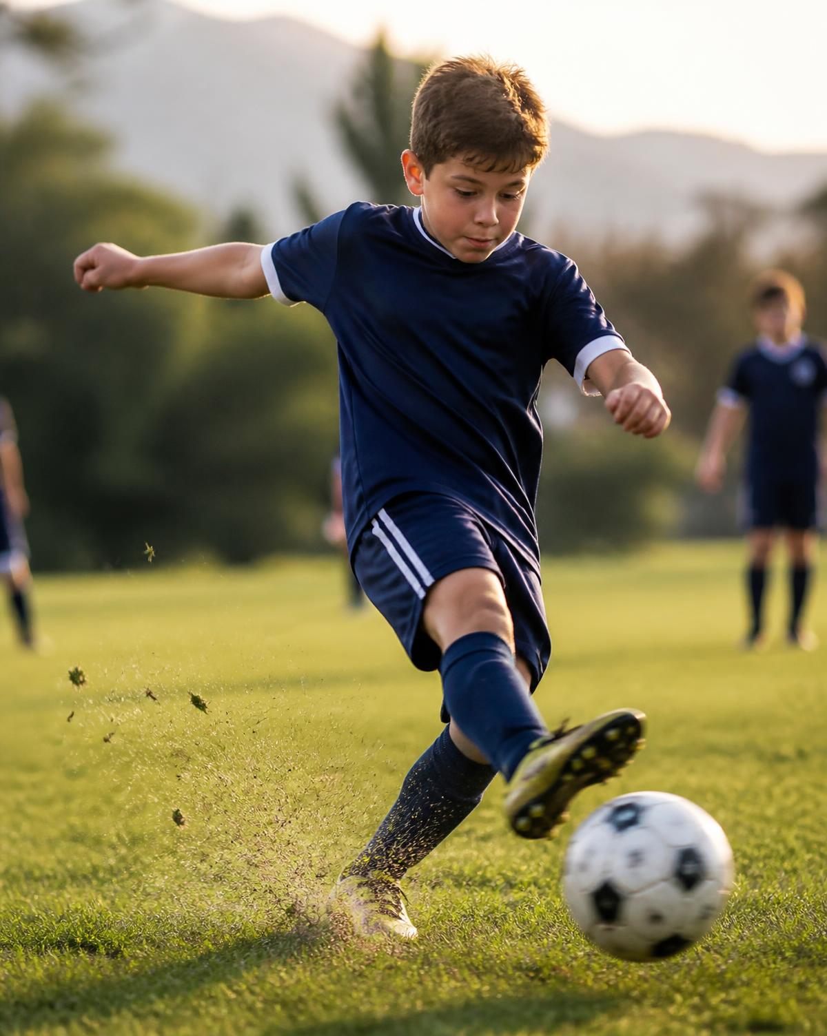 Youth soccer player striking the ball