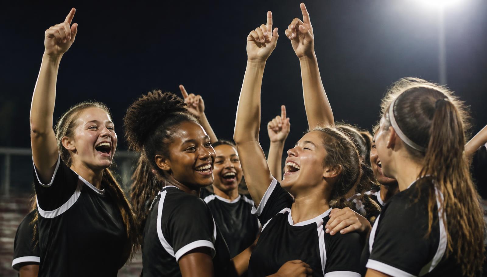 Teammates celebrating together under stadium lights