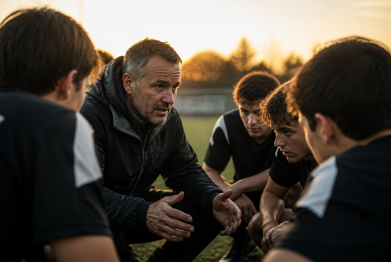 Coach talking with a huddle of high school athletes on the field